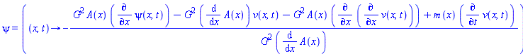psi = (proc (x, t) options operator, arrow; -(G^2*A(x)*(diff(psi(x, t), x))-G^2*(diff(A(x), x))*v(x, t)-G^2*A(x)*(diff(diff(v(x, t), x), x))+m(x)*(diff(v(x, t), t)))/(G^2*(diff(A(x), x))) end proc)