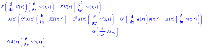 E*(diff(II(x), x))*(diff(psi(x, t), x))+E*II(x)*(diff(diff(psi(x, t), x), x))+A(x)*(G^2*A(x)*(diff(_XX(x, t), x))-G^2*A(x)*(diff(diff(v(x, t), x), x))-G^2*(diff(A(x), x))*v(x, t)+m(x)*(diff(v(x, t), t)))/(G*(diff(A(x), x)))+G*A(x)*(diff(v(x, t), x))