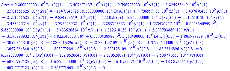 980000000.0*(D(x2))(1)-3407670.437*x1(1)-979699593.0*y1(1)-982493864.9*x2(1)+2501551.625*y2(1) = -1147.143928, 980000000.0*(D(y2))(1)+979699593.0*x1(1)-3407670.437*y1(1)-2501551.625*x2(1)-982493864.9*y2(1) = 522.0509891, 5860000000.*(D(x1))(1)+1012610130.*x1(1)+3433520814.*y1(1)-3395293.932*x2(1)-3899703885.*y2(1) = 1553476.957-0.8860949e-3*r^2, 5860000000.*(D(y1))(1)-3433520814.*x1(1)+1012610130.*y1(1)+3899703885.*x2(1)-3395293.932*y2(1) = 582234.6500+.6073438988*r^2, 3750400000.*(D(x1))(.8)-0.1805979289e11*x1(.8)-3057.354840*y1(.8)+182.8516896*x2(.8)+0.2220128109e11*y2(.8) = 0, 3750400000.*(D(y1))(.8)+3057.354840*x1(.8)-0.1805979289e11*y1(.8)-0.2220128109e11*x2(.8)+182.8516896*y2(.8) = 0, 627200000.0*(D(x2))(.8)-182.8520640*x1(.8)-0.2610528071e11*y1(.8)-0.2508771663e11*x2(.8)-607.0797125*y2(.8) = 0, 627200000.0*(D(y2))(.8)+0.2610528071e11*x1(.8)-182.8520640*y1(.8)+607.0797125*x2(.8)-0.2508771663e11*y2(.8) = 0
