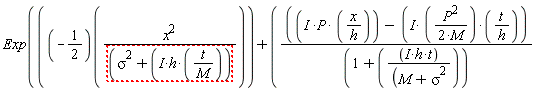 "Exp(((-1/2)((x^2)/((sigma^2+(I*h*(t/M)))))+(((I *P* (x/h))- (I* ((P^2)/(2*M))*(t/h))/((1+(((I*h*t))/((M+sigma^2))))"