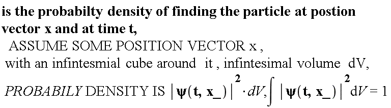 `and`((is*the*probabilty*density*of*finding*the)*particle*at*postion*vector*x, at*time*t), ASSUME*SOME*POSITION*VECTOR*x, with*an*infintesmial*cube*around*it, infintesimal*volume*dV, PROBABILY*DENSITY*IS*abs(psi(t, x_))^2*dV, int(abs(psi(t, x_))^2, V) = 1