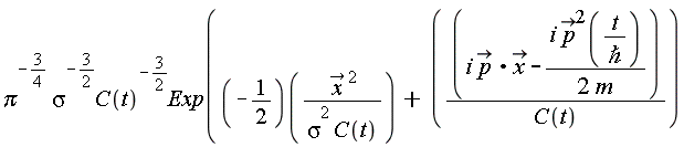 "Pi^(-3/(4)) sigma^(-3/(2))C(t)^(-3/(2))Exp((-1/(2))(((x)^(2))/(sigma^(2 )C(t)))+ ((i p *x-(i( p)^(2)(t/(`&hbar;`^())))/(2 m))/(C(t)))"