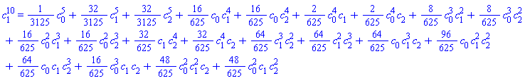 c[1]^10 = (1/3125)*c[0]^5+(32/3125)*c[1]^5+(32/3125)*c[2]^5+(16/625)*c[0]*c[1]^4+(16/625)*c[0]*c[2]^4+(2/625)*c[0]^4*c[1]+(2/625)*c[0]^4*c[2]+(8/625)*c[0]^3*c[1]^2+(8/625)*c[0]^3*c[2]^2+(16/625)*c[0]^2*c[1]^3+(16/625)*c[0]^2*c[2]^3+(32/625)*c[1]*c[2]^4+(32/625)*c[1]^4*c[2]+(64/625)*c[1]^3*c[2]^2+(64/625)*c[1]^2*c[2]^3+(64/625)*c[0]*c[1]^3*c[2]+(96/625)*c[0]*c[1]^2*c[2]^2+(64/625)*c[0]*c[1]*c[2]^3+(16/625)*c[0]^3*c[1]*c[2]+(48/625)*c[0]^2*c[1]^2*c[2]+(48/625)*c[0]^2*c[1]*c[2]^2