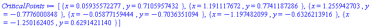 [{x = 0.5935572277e-1, y = .7105957432}, {x = 1.191117672, y = .7741187286}, {x = 1.255942703, y = -.7776000848}, {x = -0.5877159444e-1, y = -.7036351094}, {x = -1.197482099, y = -.6326213916}, {x = -1.250162405, y = .6291421140}]