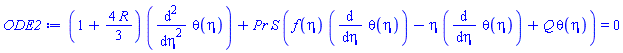 (1+(4/3)*R)*(diff(diff(theta(eta), eta), eta))+Pr*S*(f(eta)*(diff(theta(eta), eta))-eta*(diff(theta(eta), eta))+Q*theta(eta)) = 0