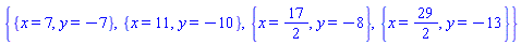 {{x = 7, y = -7}, {x = 11, y = -10}, {x = 17/2, y = -8}, {x = 29/2, y = -13}}