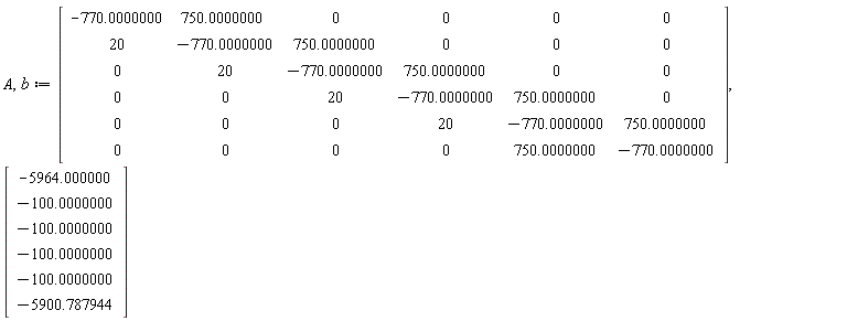 A, b := Matrix(6, 6, {(1, 1) = -770.0000000, (1, 2) = 750.0000000, (1, 3) = 0, (1, 4) = 0, (1, 5) = 0, (1, 6) = 0, (2, 1) = 20, (2, 2) = -770.0000000, (2, 3) = 750.0000000, (2, 4) = 0, (2, 5) = 0, (2, 6) = 0, (3, 1) = 0, (3, 2) = 20, (3, 3) = -770.0000000, (3, 4) = 750.0000000, (3, 5) = 0, (3, 6) = 0, (4, 1) = 0, (4, 2) = 0, (4, 3) = 20, (4, 4) = -770.0000000, (4, 5) = 750.0000000, (4, 6) = 0, (5, 1) = 0, (5, 2) = 0, (5, 3) = 0, (5, 4) = 20, (5, 5) = -770.0000000, (5, 6) = 750.0000000, (6, 1) = 0, (6, 2) = 0, (6, 3) = 0, (6, 4) = 0, (6, 5) = 750.0000000, (6, 6) = -770.0000000}), Vector(6, {(1) = -5964.000000, (2) = -100.0000000, (3) = -100.0000000, (4) = -100.0000000, (5) = -100.0000000, (6) = -5900.787944})