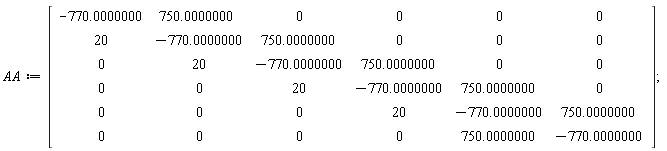 AA := Matrix(6, 6, {(1, 1) = -770.0000000, (1, 2) = 750.0000000, (1, 3) = 0, (1, 4) = 0, (1, 5) = 0, (1, 6) = 0, (2, 1) = 20, (2, 2) = -770.0000000, (2, 3) = 750.0000000, (2, 4) = 0, (2, 5) = 0, (2, 6) = 0, (3, 1) = 0, (3, 2) = 20, (3, 3) = -770.0000000, (3, 4) = 750.0000000, (3, 5) = 0, (3, 6) = 0, (4, 1) = 0, (4, 2) = 0, (4, 3) = 20, (4, 4) = -770.0000000, (4, 5) = 750.0000000, (4, 6) = 0, (5, 1) = 0, (5, 2) = 0, (5, 3) = 0, (5, 4) = 20, (5, 5) = -770.0000000, (5, 6) = 750.0000000, (6, 1) = 0, (6, 2) = 0, (6, 3) = 0, (6, 4) = 0, (6, 5) = 750.0000000, (6, 6) = -770.0000000})