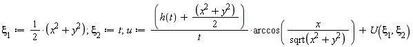 xi[1] := 1/2*(x^2+y^2); 1; xi[2] := t; 1; u := (h(t)+(x^2+y^2)*(1/2))*arccos(x/sqrt(x^2+y^2))/t+U(xi[1], xi[2])