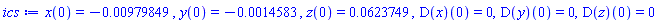 x(0) = -0.979849e-2, y(0) = -0.14583e-2, z(0) = 0.623749e-1, (D(x))(0) = 0, (D(y))(0) = 0, (D(z))(0) = 0