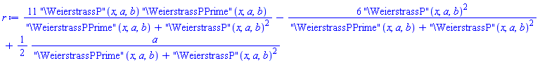 11*("\WeierstrassP")(x, a, b)*("\WeierstrassPPrime")(x, a, b)/(("\WeierstrassPPrime")(x, a, b)+("\WeierstrassP")(x, a, b)^2)-6*("\WeierstrassP")(x, a, b)^2/(("\WeierstrassPPrime")(x, a, b)+("\WeierstrassP")(x, a, b)^2)+(1/2)*a/(("\WeierstrassPPrime")(x, a, b)+("\WeierstrassP")(x, a, b)^2)