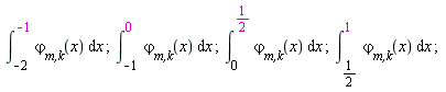 int(`&varphi;__m,k`(x), x = -2 .. -1); int(`&varphi;__m,k`(x), x = -1 .. 0); int(`&varphi;__m,k`(x), x = 0 .. 1/2); int(`&varphi;__m,k`(x), x = 1/2 .. 1)