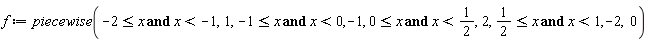 f := piecewise(-2 <= x and x < -1, 1, -1 <= x and x < 0, -1, 0 <= x and x < 1/2, 2, 1/2 <= x and x < 1, -2, 0)