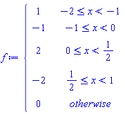 piecewise(-2 <= x and x < -1, 1, -1 <= x and x < 0, -1, 0 <= x and x < 1/2, 2, 1/2 <= x and x < 1, -2, 0)