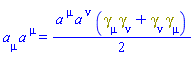 a[mu]*a[`~mu`] = (1/2)*a[`~mu`]*a[`~nu`]*(Physics:-`*`(Physics:-Dgamma[mu], Physics:-Dgamma[nu])+Physics:-`*`(Physics:-Dgamma[nu], Physics:-Dgamma[mu]))