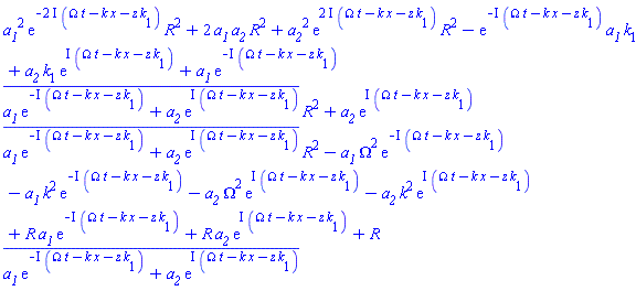 a__1^2*exp(-(2*I)*(Omega*t-k*x-z*k[1]))*R^2+2*a__1*a__2*R^2+a__2^2*exp((2*I)*(Omega*t-k*x-z*k[1]))*R^2-exp(-I*(Omega*t-k*x-z*k[1]))*a__1*k[1]+a__2*k[1]*exp(I*(Omega*t-k*x-z*k[1]))+a__1*exp(-I*(Omega*t-k*x-z*k[1]))*conjugate(a__1*exp(-I*(Omega*t-k*x-z*k[1]))+a__2*exp(I*(Omega*t-k*x-z*k[1])))*R^2+a__2*exp(I*(Omega*t-k*x-z*k[1]))*conjugate(a__1*exp(-I*(Omega*t-k*x-z*k[1]))+a__2*exp(I*(Omega*t-k*x-z*k[1])))*R^2-a__1*Omega^2*exp(-I*(Omega*t-k*x-z*k[1]))-a__1*k^2*exp(-I*(Omega*t-k*x-z*k[1]))-a__2*Omega^2*exp(I*(Omega*t-k*x-z*k[1]))-a__2*k^2*exp(I*(Omega*t-k*x-z*k[1]))+R*a__1*exp(-I*(Omega*t-k*x-z*k[1]))+R*a__2*exp(I*(Omega*t-k*x-z*k[1]))+R*conjugate(a__1*exp(-I*(Omega*t-k*x-z*k[1]))+a__2*exp(I*(Omega*t-k*x-z*k[1])))