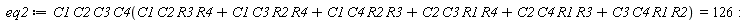 eq2 := C1*C2*C3*C4(C1*C2*R3*R4+C1*C3*R2*R4+C1*C4*R2*R3+C2*C3*R1*R4+C2*C4*R1*R3+C3*C4*R1*R2) = 126