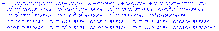 C1*C2*C3*C4*(C1*C2*R3*R4+C1*C3*R2*R4+C1*C4*R2*R3+C2*C3*R1*R4+C2*C4*R1*R3+C3*C4*R1*R2)-C1^2*C2^2*C3*C4*R3*R4*Rin-C1^2*C2*C3^2*C4*R2*R4*Rin-C1^2*C2*C3*C4^2*R2*R3*Rin-C1*C2^2*C3^2*C4*R1*R4*Rin-C1*C2^2*C3*C4^2*R1*R3*Rin-C1*C2*C3^2*C4^2*R1*R2*Rin-C1^2*C2*C3*R2*R3*R4-C1^2*C2*C4*R2*R3*R4-C1^2*C3*C4*R2*R3*R4-C1*C2^2*C3*R1*R3*R4-C1*C2^2*C4*R1*R3*R4-C1*C2*C3^2*R1*R2*R4-C1*C2*C4^2*R1*R2*R3-C1*C3^2*C4*R1*R2*R4-C1*C3*C4^2*R1*R2*R3-C2^2*C3*C4*R1*R3*R4-C2*C3^2*C4*R1*R2*R4-C2*C3*C4^2*R1*R2*R3 = 0