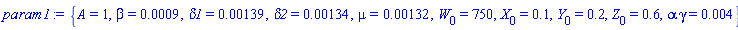 {A = 1, beta = 0.9e-3, delta1 = 0.139e-2, delta2 = 0.134e-2, mu = 0.132e-2, W[0] = 750, X[0] = .1, Y[0] = .2, Z[0] = .6, alpha*gamma = 0.4e-2}