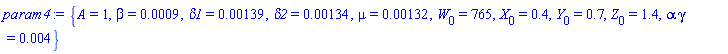 {A = 1, beta = 0.9e-3, delta1 = 0.139e-2, delta2 = 0.134e-2, mu = 0.132e-2, W[0] = 765, X[0] = .4, Y[0] = .7, Z[0] = 1.4, alpha*gamma = 0.4e-2}
