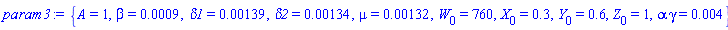 {A = 1, beta = 0.9e-3, delta1 = 0.139e-2, delta2 = 0.134e-2, mu = 0.132e-2, W[0] = 760, X[0] = .3, Y[0] = .6, Z[0] = 1, alpha*gamma = 0.4e-2}