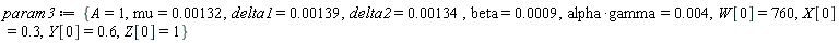 param3 := {A = 1, beta = 0.9e-3, delta1 = 0.139e-2, delta2 = 0.134e-2, mu = 0.132e-2, W[0] = 760, X[0] = .3, Y[0] = .6, Z[0] = 1, alpha*gamma = 0.4e-2}