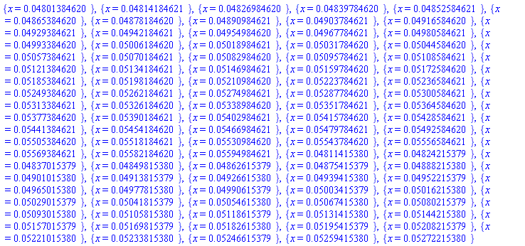 {x = 0.4801384620e-1}, {x = 0.4814184621e-1}, {x = 0.4826984620e-1}, {x = 0.4839784620e-1}, {x = 0.4852584621e-1}, {x = 0.4865384620e-1}, {x = 0.4878184620e-1}, {x = 0.4890984621e-1}, {x = 0.4903784621e-1}, {x = 0.4916584620e-1}, {x = 0.4929384621e-1}, {x = 0.4942184621e-1}, {x = 0.4954984620e-1}, {x = 0.4967784621e-1}, {x = 0.4980584621e-1}, {x = 0.4993384620e-1}, {x = 0.5006184620e-1}, {x = 0.5018984621e-1}, {x = 0.5031784620e-1}, {x = 0.5044584620e-1}, {x = 0.5057384621e-1}, {x = 0.5070184621e-1}, {x = 0.5082984620e-1}, {x = 0.5095784621e-1}, {x = 0.5108584621e-1}, {x = 0.5121384620e-1}, {x = 0.5134184621e-1}, {x = 0.5146984621e-1}, {x = 0.5159784620e-1}, {x = 0.5172584620e-1}, {x = 0.5185384621e-1}, {x = 0.5198184620e-1}, {x = 0.5210984620e-1}, {x = 0.5223784621e-1}, {x = 0.5236584621e-1}, {x = 0.5249384620e-1}, {x = 0.5262184621e-1}, {x = 0.5274984621e-1}, {x = 0.5287784620e-1}, {x = 0.5300584621e-1}, {x = 0.5313384621e-1}, {x = 0.5326184620e-1}, {x = 0.5338984620e-1}, {x = 0.5351784621e-1}, {x = 0.5364584620e-1}, {x = 0.5377384620e-1}, {x = 0.5390184621e-1}, {x = 0.5402984621e-1}, {x = 0.5415784620e-1}, {x = 0.5428584621e-1}, {x = 0.5441384621e-1}, {x = 0.5454184620e-1}, {x = 0.5466984621e-1}, {x = 0.5479784621e-1}, {x = 0.5492584620e-1}, {x = 0.5505384620e-1}, {x = 0.5518184621e-1}, {x = 0.5530984620e-1}, {x = 0.5543784620e-1}, {x = 0.5556584621e-1}, {x = 0.5569384621e-1}, {x = 0.5582184620e-1}, {x = 0.5594984621e-1}, {x = 0.4811415380e-1}, {x = 0.4824215379e-1}, {x = 0.4837015379e-1}, {x = 0.4849815380e-1}, {x = 0.4862615379e-1}, {x = 0.4875415379e-1}, {x = 0.4888215380e-1}, {x = 0.4901015380e-1}, {x = 0.4913815379e-1}, {x = 0.4926615380e-1}, {x = 0.4939415380e-1}, {x = 0.4952215379e-1}, {x = 0.4965015380e-1}, {x = 0.4977815380e-1}, {x = 0.4990615379e-1}, {x = 0.5003415379e-1}, {x = 0.5016215380e-1}, {x = 0.5029015379e-1}, {x = 0.5041815379e-1}, {x = 0.5054615380e-1}, {x = 0.5067415380e-1}, {x = 0.5080215379e-1}, {x = 0.5093015380e-1}, {x = 0.5105815380e-1}, {x = 0.5118615379e-1}, {x = 0.5131415380e-1}, {x = 0.5144215380e-1}, {x = 0.5157015379e-1}, {x = 0.5169815379e-1}, {x = 0.5182615380e-1}, {x = 0.5195415379e-1}, {x = 0.5208215379e-1}, {x = 0.5221015380e-1}, {x = 0.5233815380e-1}, {x = 0.5246615379e-1}, {x = 0.5259415380e-1}, {x = 0.5272215380e-1}