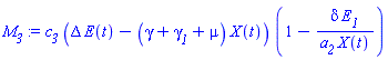 c__3*(Delta*E(t)-(gamma+gamma__1+mu)*X(t))*(1-delta*E__1/(a__2*X(t)))