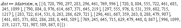 dist := Matrix(m, n, [[0, 720, 790, 297, 283, 296, 461, 769, 996], [720, 0, 884, 555, 722, 461, 685, 245, 1099], [790, 884, 0, 976, 614, 667, 371, 645, 219], [297, 555, 976, 0, 531, 359, 602, 715, 1217], [283, 722, 614, 531, 0, 263, 286, 629, 721], [296, 461, 667, 359, 263, 0, 288, 479, 907], [461, 685, 371, 602, 286, 288, 0, 448, 589], [769, 245, 645, 715, 629, 479, 448, 0, 867], [996, 1099, 219, 1217, 721, 907, 589, 867, 0]]):