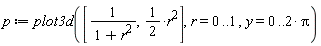 p := plot3d([1/(r^2+1), (1/2)*r^2], r = 0 .. 1, y = 0 .. 2*Pi)