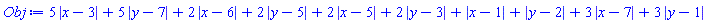 5*abs(x-3)+5*abs(y-7)+2*abs(x-6)+2*abs(y-5)+2*abs(x-5)+2*abs(y-3)+abs(x-1)+abs(y-2)+3*abs(x-7)+3*abs(y-1)