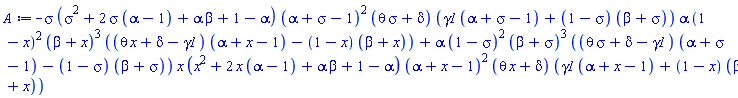 -sigma*(sigma^2+2*sigma*(alpha-1)+alpha*beta+1-alpha)*(alpha+sigma-1)^2*(sigma*theta+delta)*(gamma1*(alpha+sigma-1)+(1-sigma)*(beta+sigma))*alpha*(1-x)^2*(beta+x)^3*((theta*x+delta-gamma1)*(alpha+x-1)-(1-x)*(beta+x))+alpha*(1-sigma)^2*(beta+sigma)^3*((sigma*theta+delta-gamma1)*(alpha+sigma-1)-(1-sigma)*(beta+sigma))*x*(x^2+2*x*(alpha-1)+alpha*beta+1-alpha)*(alpha+x-1)^2*(theta*x+delta)*(gamma1*(alpha+x-1)+(1-x)*(beta+x))