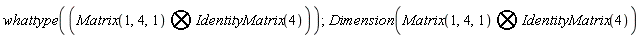 whattype(`&bigotimes;`(Matrix(1, 4, 1), IdentityMatrix(4))); Dimension(`&bigotimes;`(Matrix(1, 4, 1), IdentityMatrix(4)))