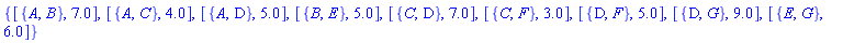 {[{A, B}, 7.0], [{A, C}, 4.0], [{A, D}, 5.0], [{B, E}, 5.0], [{C, D}, 7.0], [{C, F}, 3.0], [{D, F}, 5.0], [{D, G}, 9.0], [{E, G}, 6.0]}
