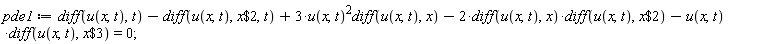 pde1 := diff(u(x, t), t)-(diff(u(x, t), `$`(x, 2), t))+3*u(x, t)^2*(diff(u(x, t), x))-2*(diff(u(x, t), x))*(diff(u(x, t), `$`(x, 2)))-u(x, t)*(diff(u(x, t), `$`(x, 3))) = 0