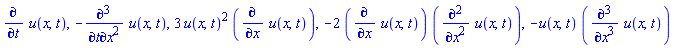 diff(u(x, t), t), -(diff(diff(diff(u(x, t), t), x), x)), 3*u(x, t)^2*(diff(u(x, t), x)), -2*(diff(u(x, t), x))*(diff(diff(u(x, t), x), x)), -u(x, t)*(diff(diff(diff(u(x, t), x), x), x))