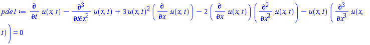 diff(u(x, t), t)-(diff(diff(diff(u(x, t), t), x), x))+3*u(x, t)^2*(diff(u(x, t), x))-2*(diff(u(x, t), x))*(diff(diff(u(x, t), x), x))-u(x, t)*(diff(diff(diff(u(x, t), x), x), x)) = 0