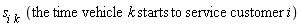 "s[i k ] (the time vehicle k starts to service customer i)"
