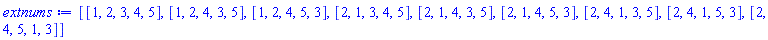 [[1, 2, 3, 4, 5], [1, 2, 4, 3, 5], [1, 2, 4, 5, 3], [2, 1, 3, 4, 5], [2, 1, 4, 3, 5], [2, 1, 4, 5, 3], [2, 4, 1, 3, 5], [2, 4, 1, 5, 3], [2, 4, 5, 1, 3]]