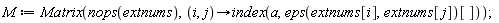 M := Matrix(nops(extnums), proc (i, j) options operator, arrow; index(a, eps(extnums[i], extnums[j])[]) end proc)