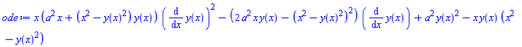 x*(a^2*x+(x^2-y(x)^2)*y(x))*(diff(y(x), x))^2-(2*a^2*x*y(x)-(x^2-y(x)^2)^2)*(diff(y(x), x))+a^2*y(x)^2-x*y(x)*(x^2-y(x)^2)
