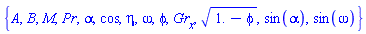{A, B, M, Pr, alpha, cos, eta, omega, phi, Gr[x], (1.-phi)^(1/2), sin(alpha), sin(omega)}
