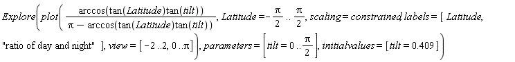 Explore(plot(arccos(tan(Latitude)*tan(tilt))/(Pi-arccos(tan(Latitude)*tan(tilt))), Latitude = -(1/2)*Pi .. (1/2)*Pi, scaling = constrained, labels = [Latitude, "ratio of day and night"], view = [-2 .. 2, 0 .. Pi]), parameters = [tilt = 0 .. (1/2)*Pi], initialvalues = [tilt = .409])
