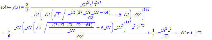 y(x) = (2/3)*_C1^2*x^2*3^(2/3)/(_C2*(_C1*(3^(1/2)*(_C1*(27*_C1*_C2-64)/_C2)^(1/2)+9*_C1)*_C2^2)^(1/3))+(1/6)*_C1*(_C1*(3^(1/2)*(_C1*(27*_C1*_C2-64)/_C2)^(1/2)+9*_C1)*_C2^2)^(1/3)*x^2*3^(1/3)/_C2^2+(1/4)*_C1^2*x^2/_C2+_C1*x+_C2
