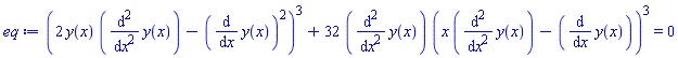 (2*y(x)*(diff(diff(y(x), x), x))-(diff(y(x), x))^2)^3+32*(diff(diff(y(x), x), x))*(x*(diff(diff(y(x), x), x))-(diff(y(x), x)))^3 = 0