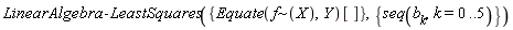 LinearAlgebra:-LeastSquares({Equate(`~`[f](X), Y)[]}, {seq(b[k], k = 0 .. 5)})