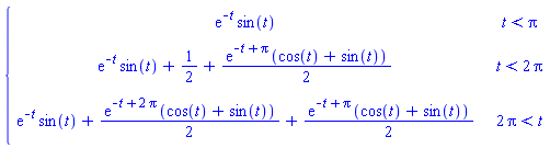 piecewise(t < Pi, exp(-t)*sin(t), t < 2*Pi, exp(-t)*sin(t)+1/2+(1/2)*exp(-t+Pi)*(cos(t)+sin(t)), 2*Pi < t, exp(-t)*sin(t)+(1/2)*exp(-t+2*Pi)*(cos(t)+sin(t))+(1/2)*exp(-t+Pi)*(cos(t)+sin(t)))