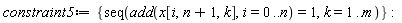 constraint5 := {seq(add(x[i, n+1, k], i = 0 .. n) = 1, k = 1 .. m)}:
