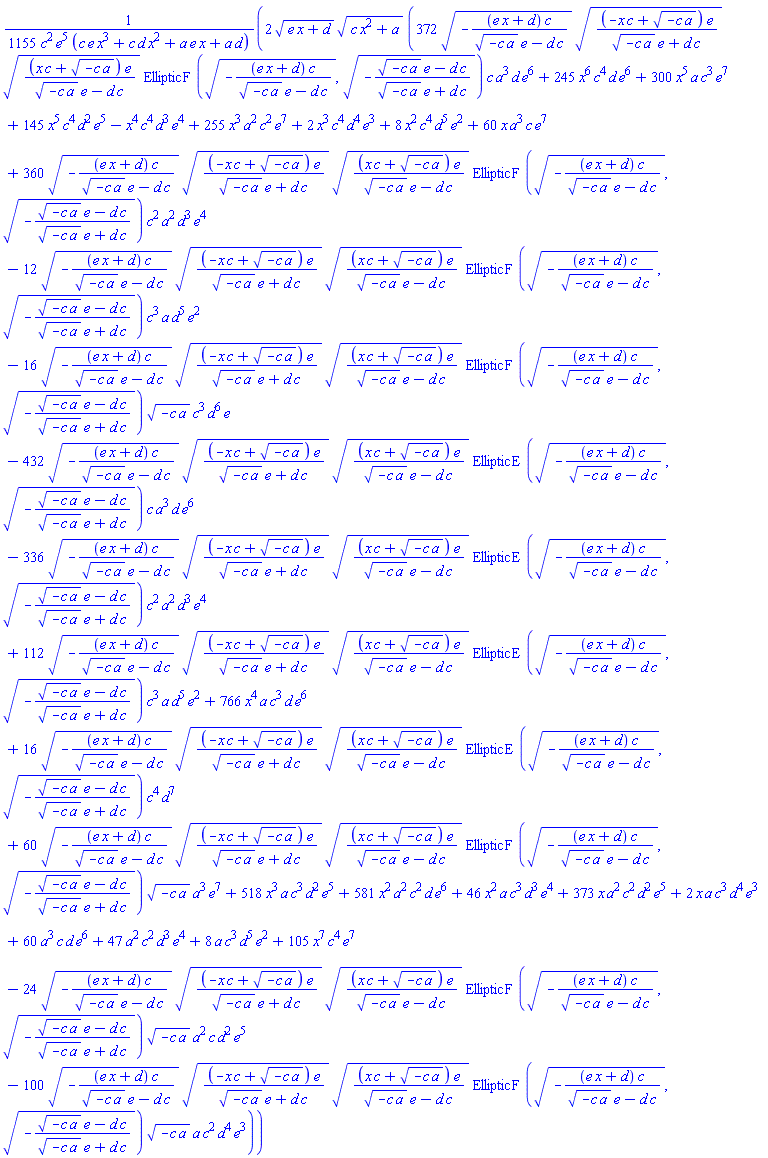 (2/1155)*(e*x+d)^(1/2)*(c*x^2+a)^(1/2)*(372*(-(e*x+d)*c/((-c*a)^(1/2)*e-d*c))^(1/2)*((-x*c+(-c*a)^(1/2))*e/((-c*a)^(1/2)*e+d*c))^(1/2)*((x*c+(-c*a)^(1/2))*e/((-c*a)^(1/2)*e-d*c))^(1/2)*EllipticF((-(e*x+d)*c/((-c*a)^(1/2)*e-d*c))^(1/2), (-((-c*a)^(1/2)*e-d*c)/((-c*a)^(1/2)*e+d*c))^(1/2))*c*a^3*d*e^6+245*x^6*c^4*d*e^6+300*x^5*a*c^3*e^7+145*x^5*c^4*d^2*e^5-x^4*c^4*d^3*e^4+255*x^3*a^2*c^2*e^7+2*x^3*c^4*d^4*e^3+8*x^2*c^4*d^5*e^2+60*x*a^3*c*e^7+360*(-(e*x+d)*c/((-c*a)^(1/2)*e-d*c))^(1/2)*((-x*c+(-c*a)^(1/2))*e/((-c*a)^(1/2)*e+d*c))^(1/2)*((x*c+(-c*a)^(1/2))*e/((-c*a)^(1/2)*e-d*c))^(1/2)*EllipticF((-(e*x+d)*c/((-c*a)^(1/2)*e-d*c))^(1/2), (-((-c*a)^(1/2)*e-d*c)/((-c*a)^(1/2)*e+d*c))^(1/2))*c^2*a^2*d^3*e^4-12*(-(e*x+d)*c/((-c*a)^(1/2)*e-d*c))^(1/2)*((-x*c+(-c*a)^(1/2))*e/((-c*a)^(1/2)*e+d*c))^(1/2)*((x*c+(-c*a)^(1/2))*e/((-c*a)^(1/2)*e-d*c))^(1/2)*EllipticF((-(e*x+d)*c/((-c*a)^(1/2)*e-d*c))^(1/2), (-((-c*a)^(1/2)*e-d*c)/((-c*a)^(1/2)*e+d*c))^(1/2))*c^3*a*d^5*e^2-16*(-(e*x+d)*c/((-c*a)^(1/2)*e-d*c))^(1/2)*((-x*c+(-c*a)^(1/2))*e/((-c*a)^(1/2)*e+d*c))^(1/2)*((x*c+(-c*a)^(1/2))*e/((-c*a)^(1/2)*e-d*c))^(1/2)*EllipticF((-(e*x+d)*c/((-c*a)^(1/2)*e-d*c))^(1/2), (-((-c*a)^(1/2)*e-d*c)/((-c*a)^(1/2)*e+d*c))^(1/2))*(-c*a)^(1/2)*c^3*d^6*e-432*(-(e*x+d)*c/((-c*a)^(1/2)*e-d*c))^(1/2)*((-x*c+(-c*a)^(1/2))*e/((-c*a)^(1/2)*e+d*c))^(1/2)*((x*c+(-c*a)^(1/2))*e/((-c*a)^(1/2)*e-d*c))^(1/2)*EllipticE((-(e*x+d)*c/((-c*a)^(1/2)*e-d*c))^(1/2), (-((-c*a)^(1/2)*e-d*c)/((-c*a)^(1/2)*e+d*c))^(1/2))*c*a^3*d*e^6-336*(-(e*x+d)*c/((-c*a)^(1/2)*e-d*c))^(1/2)*((-x*c+(-c*a)^(1/2))*e/((-c*a)^(1/2)*e+d*c))^(1/2)*((x*c+(-c*a)^(1/2))*e/((-c*a)^(1/2)*e-d*c))^(1/2)*EllipticE((-(e*x+d)*c/((-c*a)^(1/2)*e-d*c))^(1/2), (-((-c*a)^(1/2)*e-d*c)/((-c*a)^(1/2)*e+d*c))^(1/2))*c^2*a^2*d^3*e^4+112*(-(e*x+d)*c/((-c*a)^(1/2)*e-d*c))^(1/2)*((-x*c+(-c*a)^(1/2))*e/((-c*a)^(1/2)*e+d*c))^(1/2)*((x*c+(-c*a)^(1/2))*e/((-c*a)^(1/2)*e-d*c))^(1/2)*EllipticE((-(e*x+d)*c/((-c*a)^(1/2)*e-d*c))^(1/2), (-((-c*a)^(1/2)*e-d*c)/((-c*a)^(1/2)*e+d*c))^(1/2))*c^3*a*d^5*e^2+766*x^4*a*c^3*d*e^6+16*(-(e*x+d)*c/((-c*a)^(1/2)*e-d*c))^(1/2)*((-x*c+(-c*a)^(1/2))*e/((-c*a)^(1/2)*e+d*c))^(1/2)*((x*c+(-c*a)^(1/2))*e/((-c*a)^(1/2)*e-d*c))^(1/2)*EllipticE((-(e*x+d)*c/((-c*a)^(1/2)*e-d*c))^(1/2), (-((-c*a)^(1/2)*e-d*c)/((-c*a)^(1/2)*e+d*c))^(1/2))*c^4*d^7+60*(-(e*x+d)*c/((-c*a)^(1/2)*e-d*c))^(1/2)*((-x*c+(-c*a)^(1/2))*e/((-c*a)^(1/2)*e+d*c))^(1/2)*((x*c+(-c*a)^(1/2))*e/((-c*a)^(1/2)*e-d*c))^(1/2)*EllipticF((-(e*x+d)*c/((-c*a)^(1/2)*e-d*c))^(1/2), (-((-c*a)^(1/2)*e-d*c)/((-c*a)^(1/2)*e+d*c))^(1/2))*(-c*a)^(1/2)*a^3*e^7+518*x^3*a*c^3*d^2*e^5+581*x^2*a^2*c^2*d*e^6+46*x^2*a*c^3*d^3*e^4+373*x*a^2*c^2*d^2*e^5+2*x*a*c^3*d^4*e^3+60*a^3*c*d*e^6+47*a^2*c^2*d^3*e^4+8*a*c^3*d^5*e^2+105*x^7*c^4*e^7-24*(-(e*x+d)*c/((-c*a)^(1/2)*e-d*c))^(1/2)*((-x*c+(-c*a)^(1/2))*e/((-c*a)^(1/2)*e+d*c))^(1/2)*((x*c+(-c*a)^(1/2))*e/((-c*a)^(1/2)*e-d*c))^(1/2)*EllipticF((-(e*x+d)*c/((-c*a)^(1/2)*e-d*c))^(1/2), (-((-c*a)^(1/2)*e-d*c)/((-c*a)^(1/2)*e+d*c))^(1/2))*(-c*a)^(1/2)*a^2*c*d^2*e^5-100*(-(e*x+d)*c/((-c*a)^(1/2)*e-d*c))^(1/2)*((-x*c+(-c*a)^(1/2))*e/((-c*a)^(1/2)*e+d*c))^(1/2)*((x*c+(-c*a)^(1/2))*e/((-c*a)^(1/2)*e-d*c))^(1/2)*EllipticF((-(e*x+d)*c/((-c*a)^(1/2)*e-d*c))^(1/2), (-((-c*a)^(1/2)*e-d*c)/((-c*a)^(1/2)*e+d*c))^(1/2))*(-c*a)^(1/2)*a*c^2*d^4*e^3)/(c^2*e^5*(c*e*x^3+c*d*x^2+a*e*x+a*d))