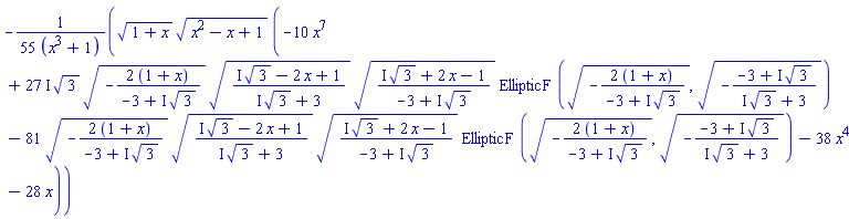 -(1/55)*(1+x)^(1/2)*(x^2-x+1)^(1/2)*(-10*x^7+(27*I)*3^(1/2)*(-2*(1+x)/(-3+I*3^(1/2)))^(1/2)*((I*3^(1/2)-2*x+1)/(I*3^(1/2)+3))^(1/2)*((I*3^(1/2)+2*x-1)/(-3+I*3^(1/2)))^(1/2)*EllipticF((-2*(1+x)/(-3+I*3^(1/2)))^(1/2), (-(-3+I*3^(1/2))/(I*3^(1/2)+3))^(1/2))-81*(-2*(1+x)/(-3+I*3^(1/2)))^(1/2)*((I*3^(1/2)-2*x+1)/(I*3^(1/2)+3))^(1/2)*((I*3^(1/2)+2*x-1)/(-3+I*3^(1/2)))^(1/2)*EllipticF((-2*(1+x)/(-3+I*3^(1/2)))^(1/2), (-(-3+I*3^(1/2))/(I*3^(1/2)+3))^(1/2))-38*x^4-28*x)/(x^3+1)